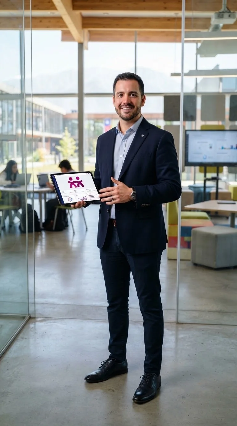 Director de pie en su colegio mostrando el software en una tablet