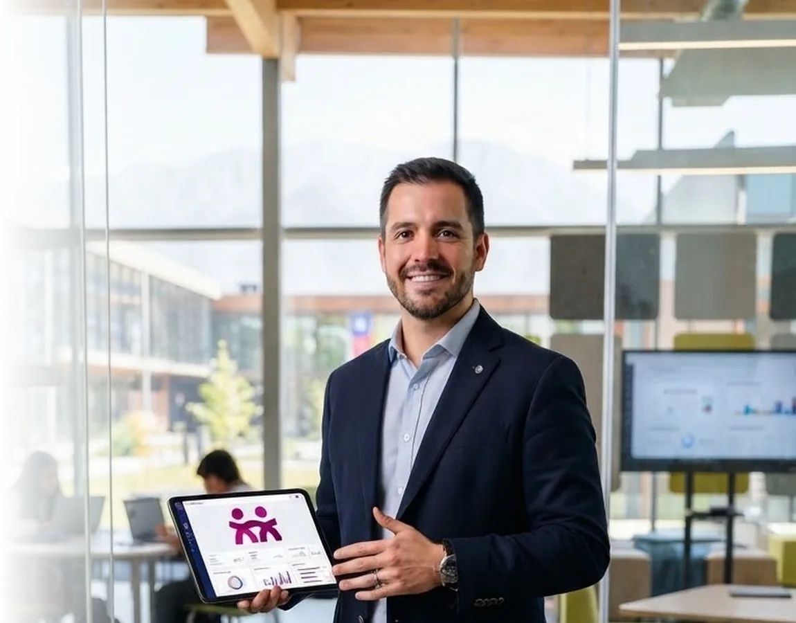 Director mostrando la plataforma Redes IKIGAI en una tablet; plataforma de convivencia escolar para colegios
