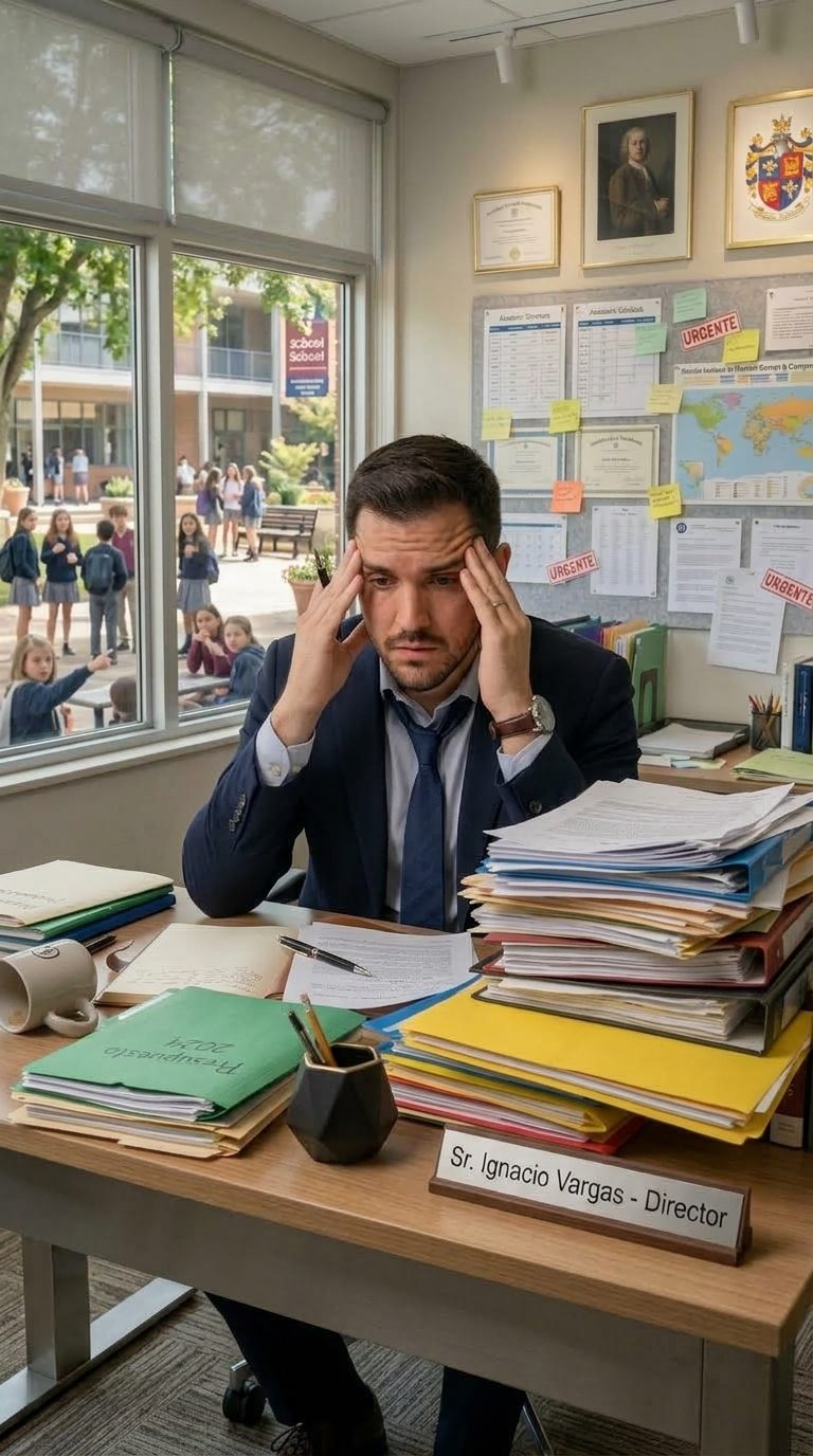 Director agobiado en su escritorio, rodeado de carpetas y papeles